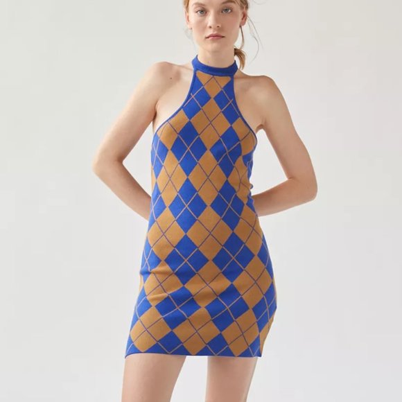 NWT UO Y2K 90s Argyle Halter Charlie Knit Mini Sweater Dress - Picture 1 of 1